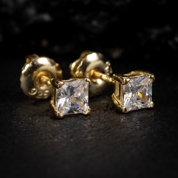 Mini Iced Princess Cut Gold Plated Stud Earrings - Picture 4 of 5